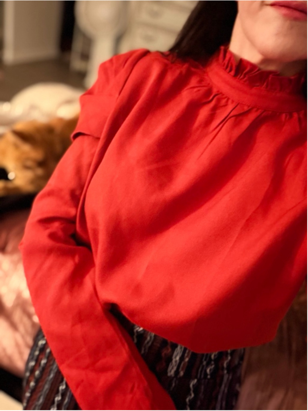 Rust Orange Ruffle Mock Neck Blouse XL Fall Boho SHEIN